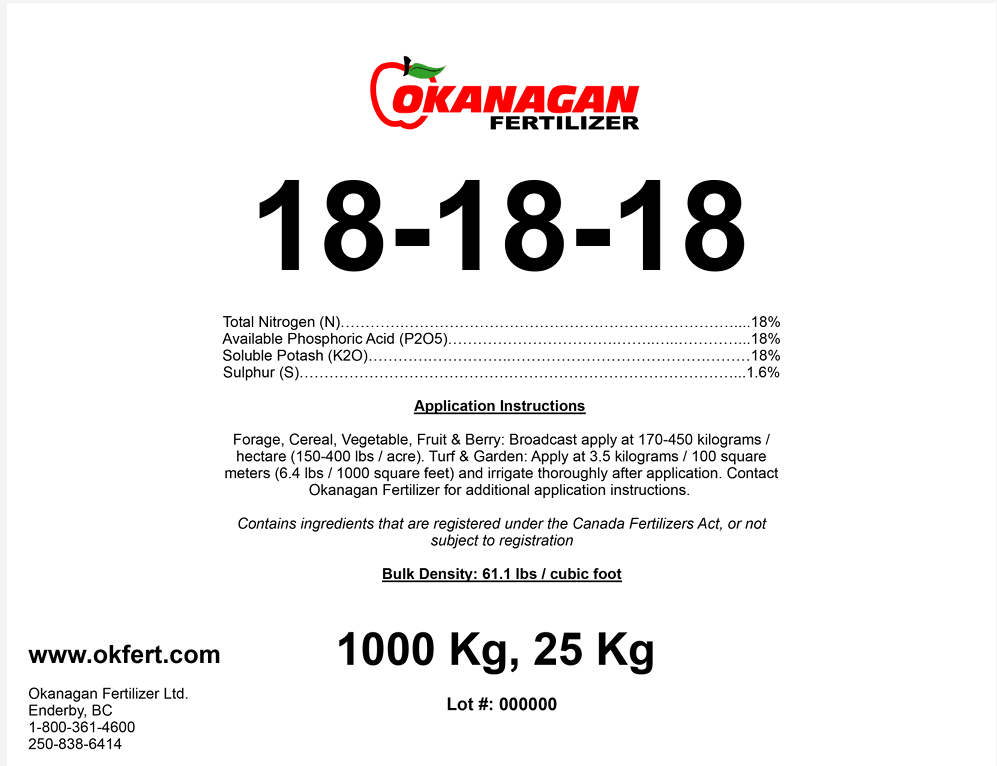 product specification sheet for Okanagan Fertilizer product 18-18-18