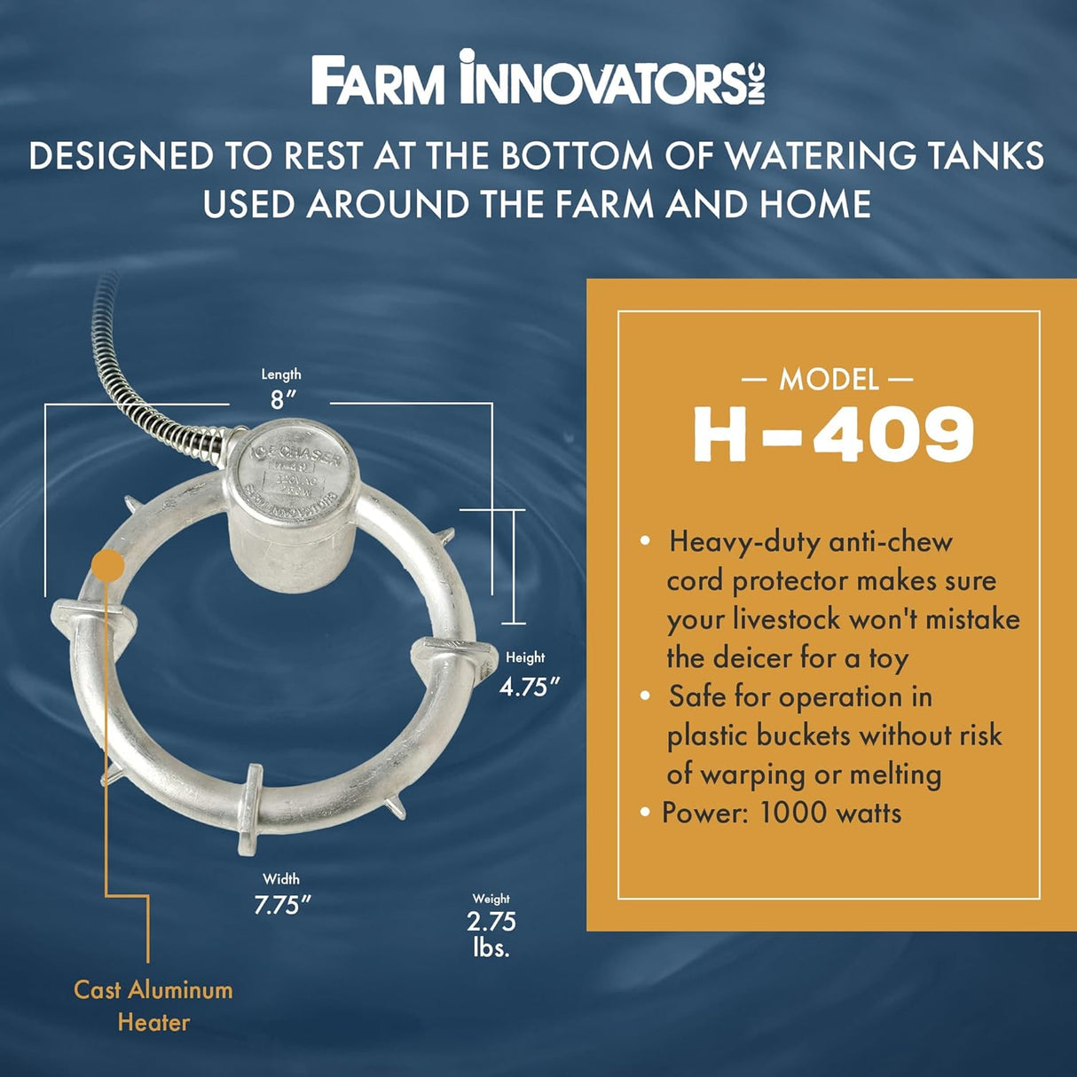 Stock Tank De-Icer | 1000W Aluminum Submergible | Farm Innovators H-409