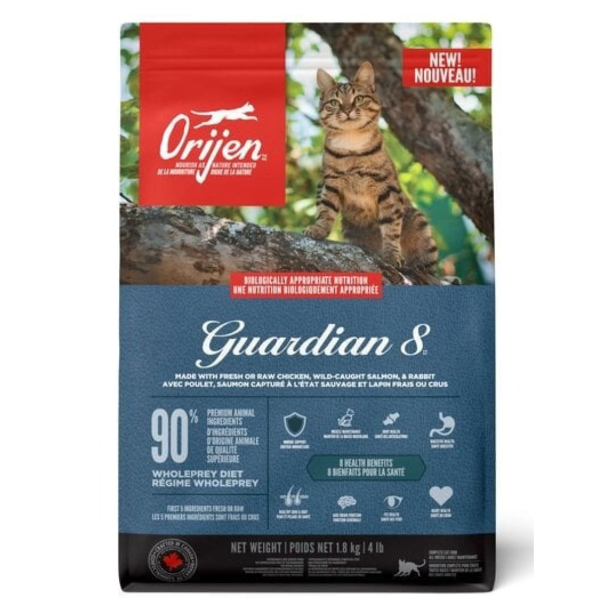 Front view of Orijen Guardian 8 1.8kg Whole Prey Recipe Cat Food on a white background