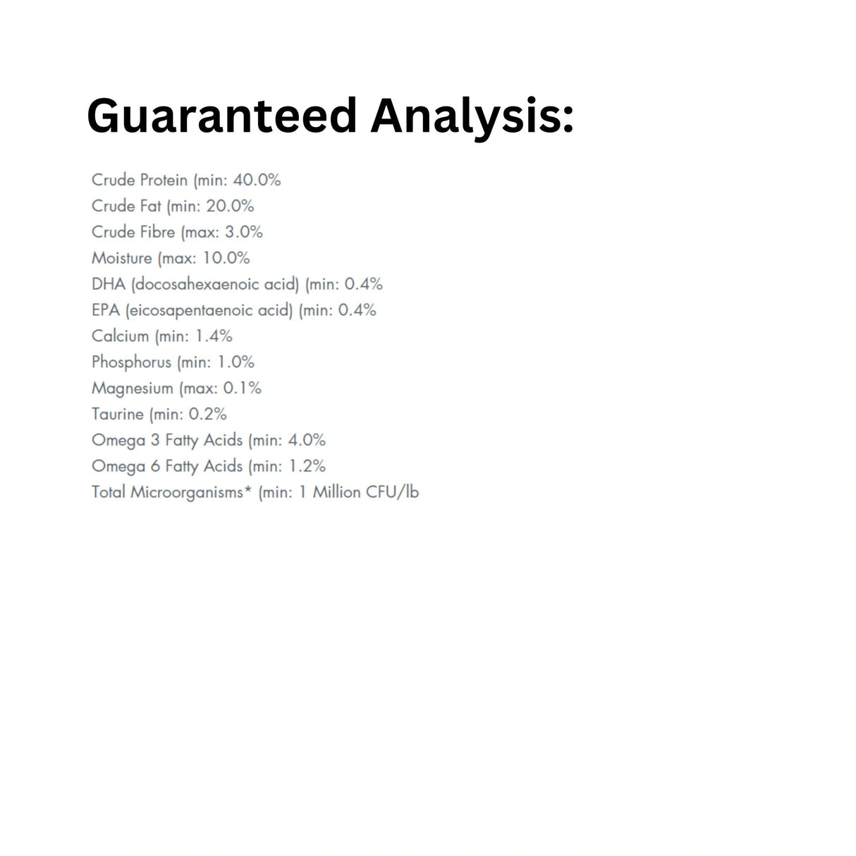 Guaranteed Analysis chart of Orijen Grain Free 1.8kg Kitten Food