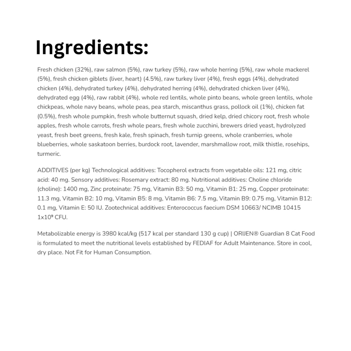 Full list of ingredients in Orijen Guardian 8 1.8kg Cat Food