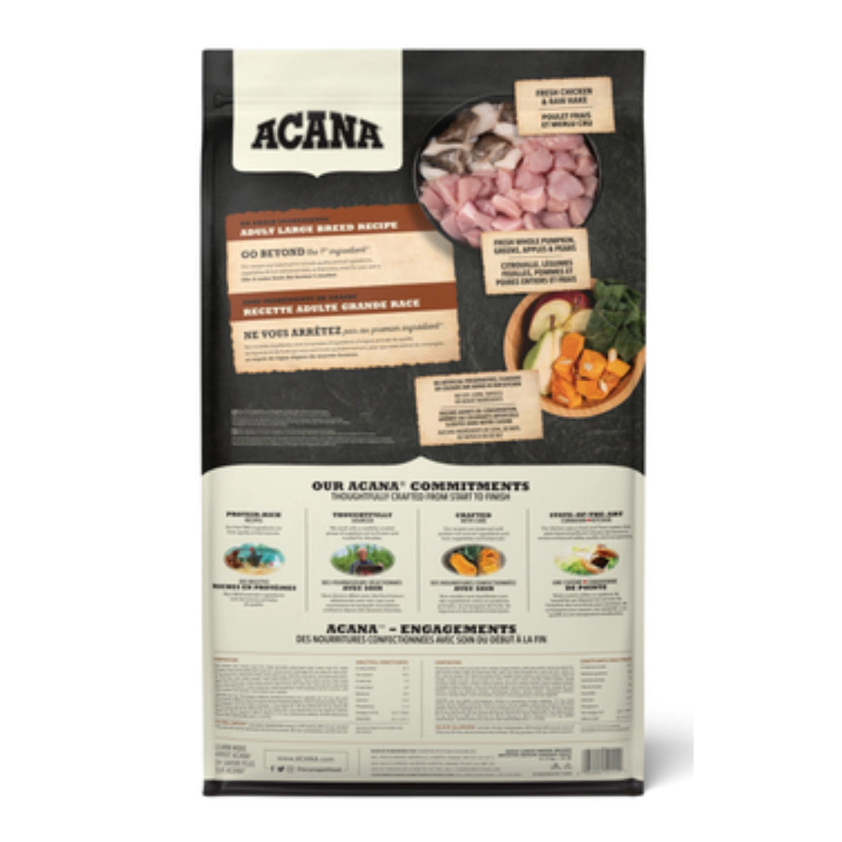 Back view of Acana Adult Large Breed Recipe Chicken and Raw Hake Dog Food on a white background