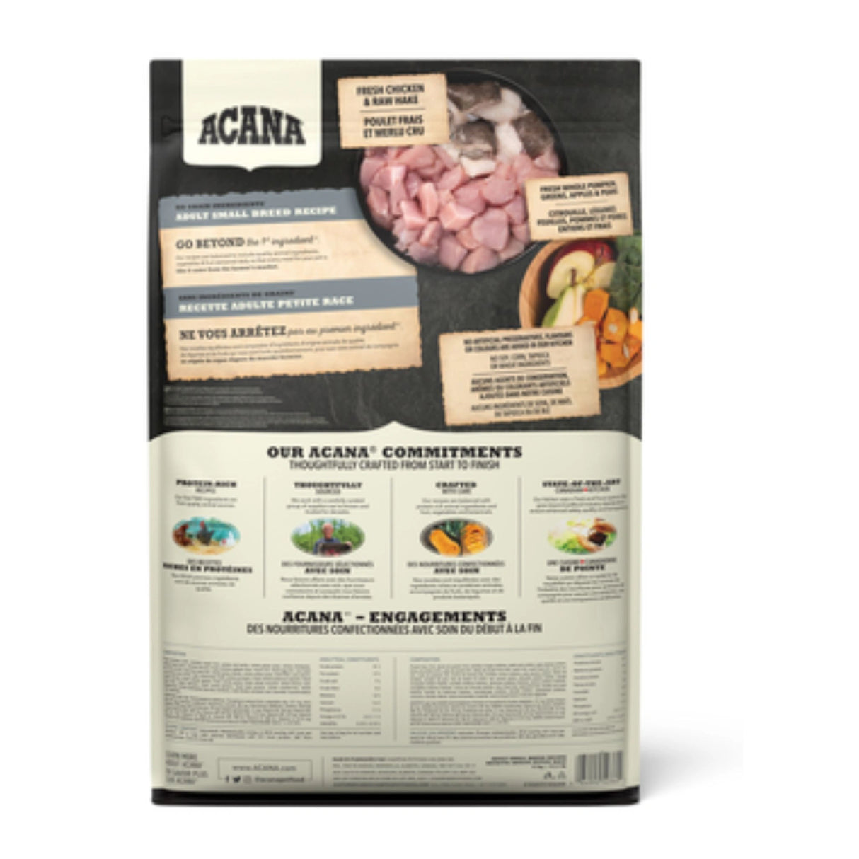 A back view of Acana Adult Small Breed Recipe Dry Dog Food on a white background