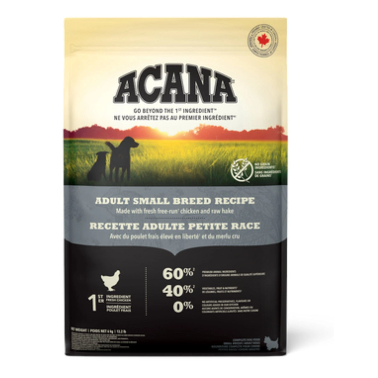 A front view of Acana Adult Small Breed Recipe Dry Dog Food on a white background