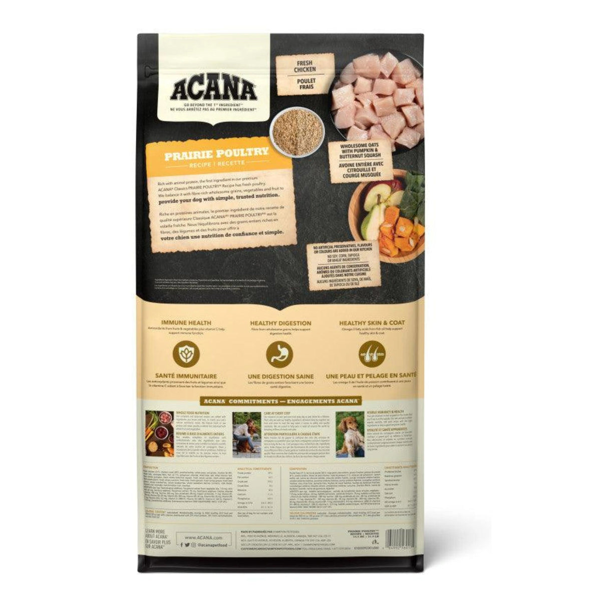 A back view of Acana All Breed and Life Stages Prairie Poultry Dog Food Recipe on a white background