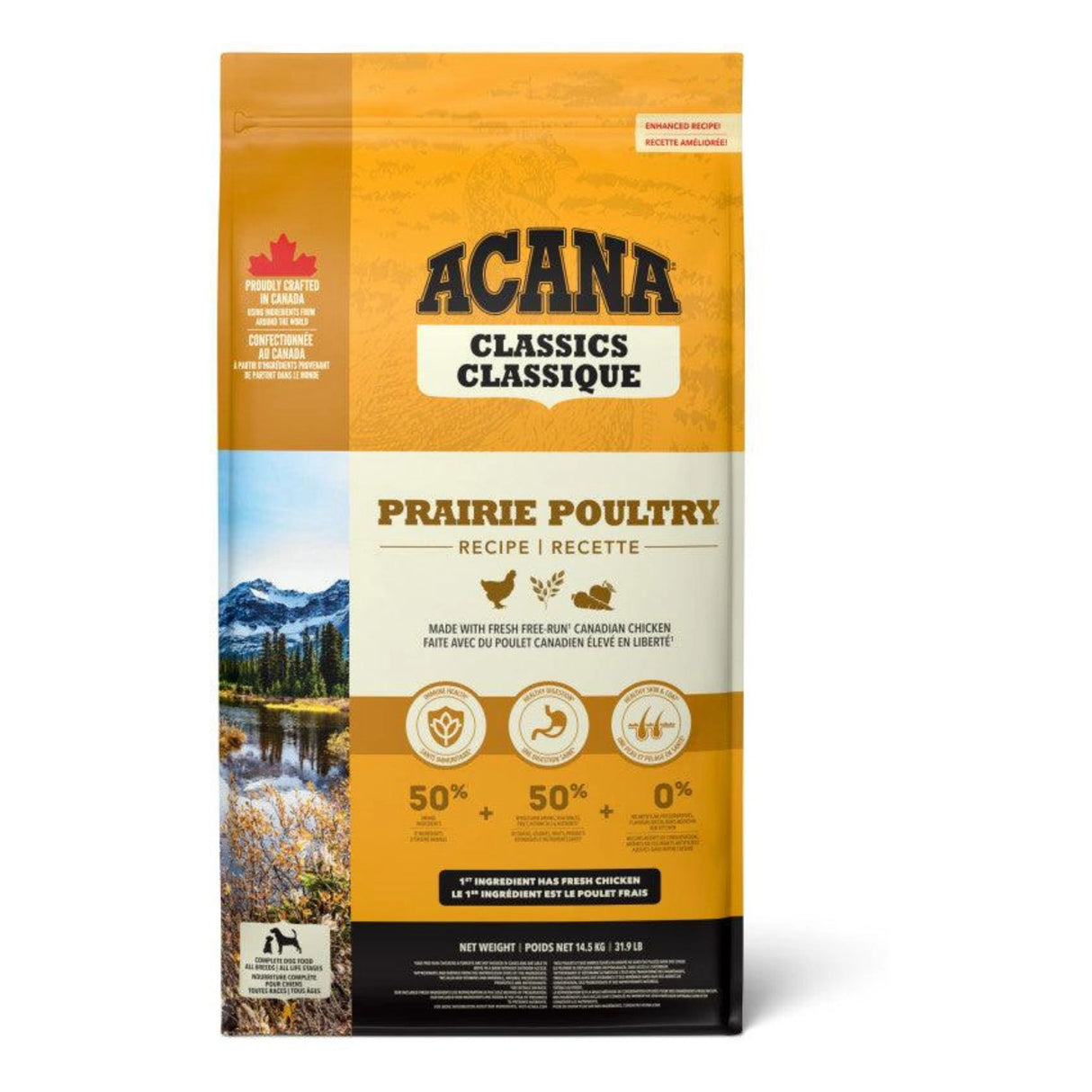 A front view of Acana All Breed and Life Stages Prairie Poultry Dog Food Recipe on a white background