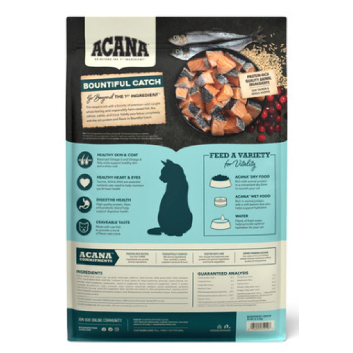 Back view of Acana Bountiful Catch Salmon and Herring Cat Food on a white background