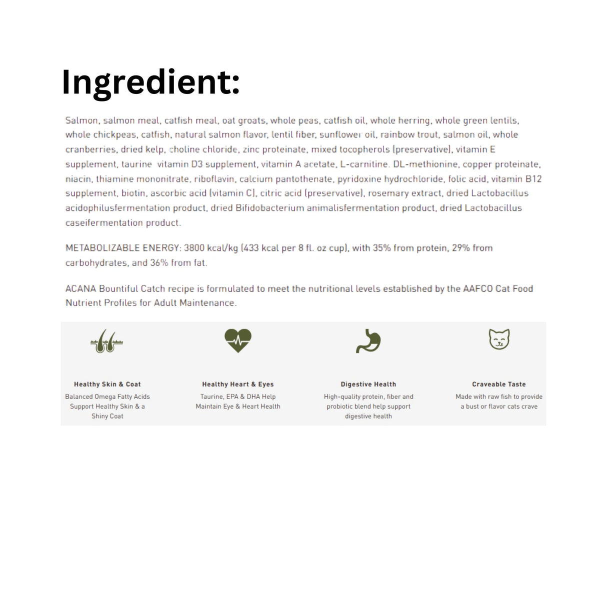 List of ingredients in Acana Bountiful Catch Salmon and Herring Cat Food with icons