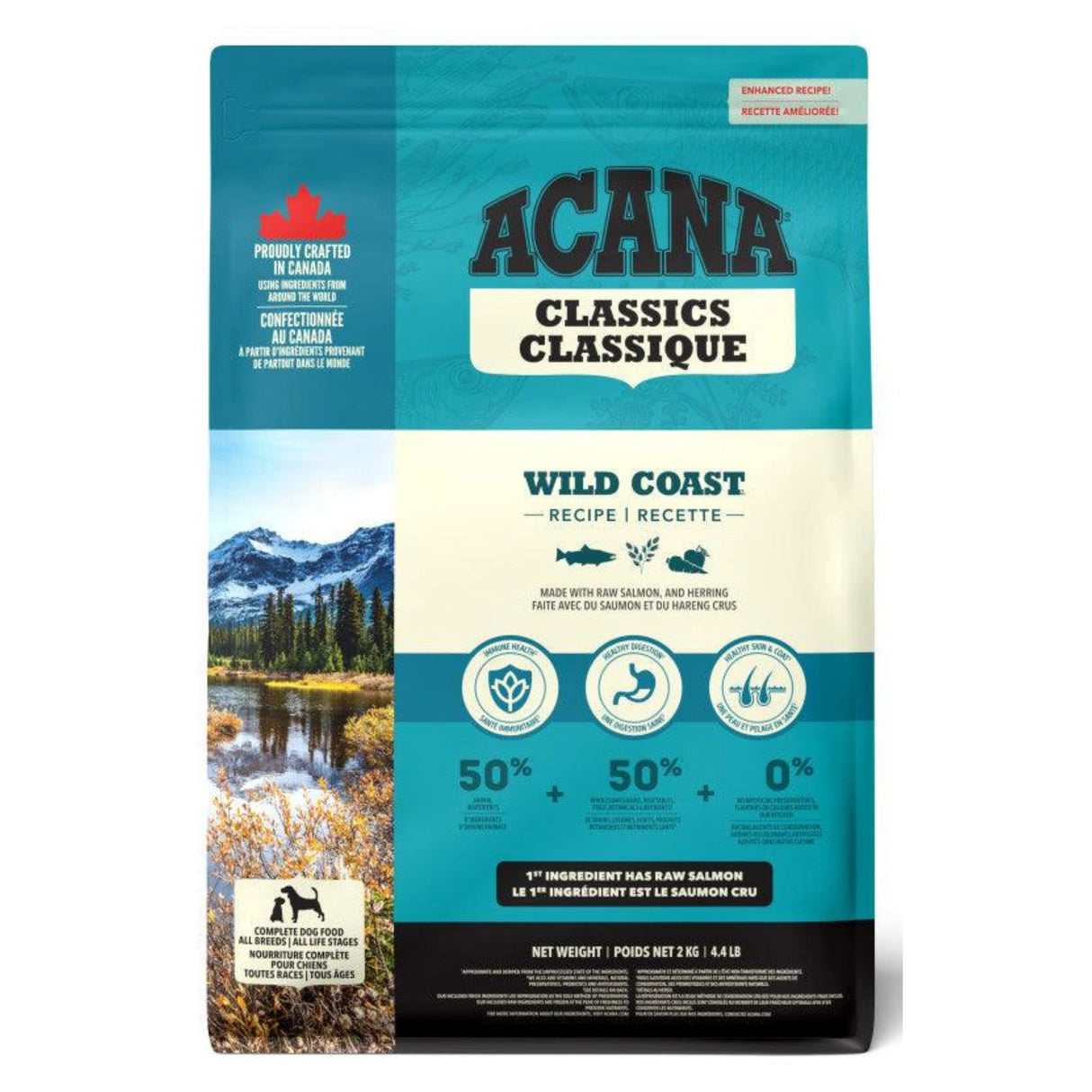 Front view of Acana Classics Wild Coast Recipe Salmon and Herring Dog Food on a white background