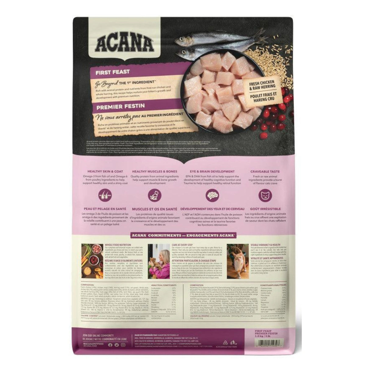 A back view of Acana First Feast Kitten Recipe Chicken and Herring Cat Food on a white background