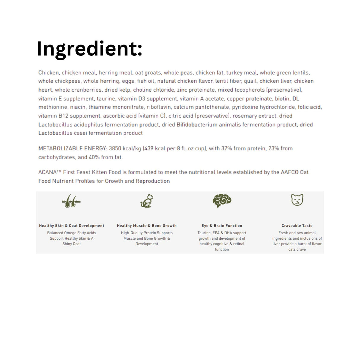 A list of ingredients of Acana First Feast Kitten Recipe Chicken and Herring Cat Food, with icons