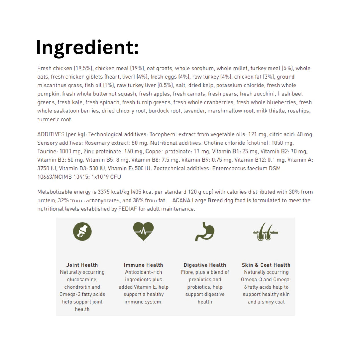 List of ingredients in Acana Healthy Grains for Large Breeds Chicken and Turkey Dog Food with icons