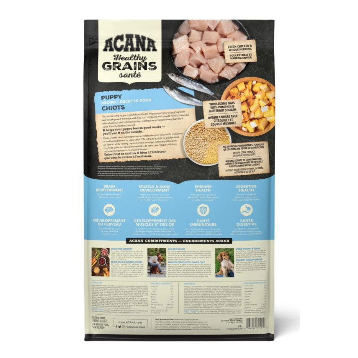 A back view of acana healthy grains puppy chicken and wild herring dog food on a white background