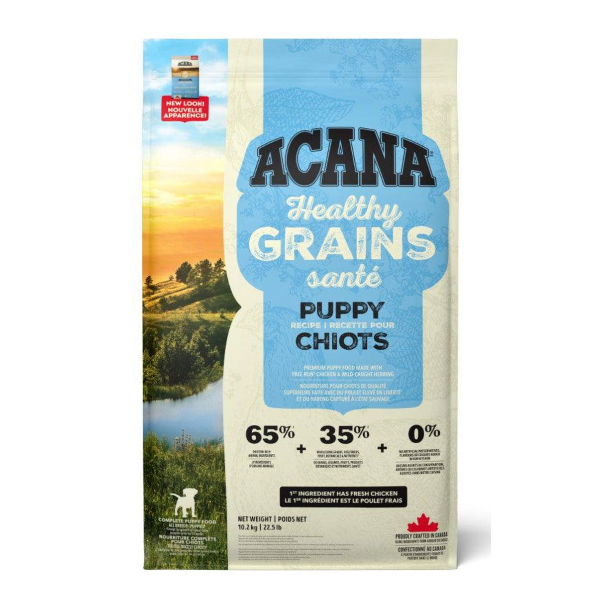 A front view of acana healthy grains puppy chicken and wild herring dog food on a white background
