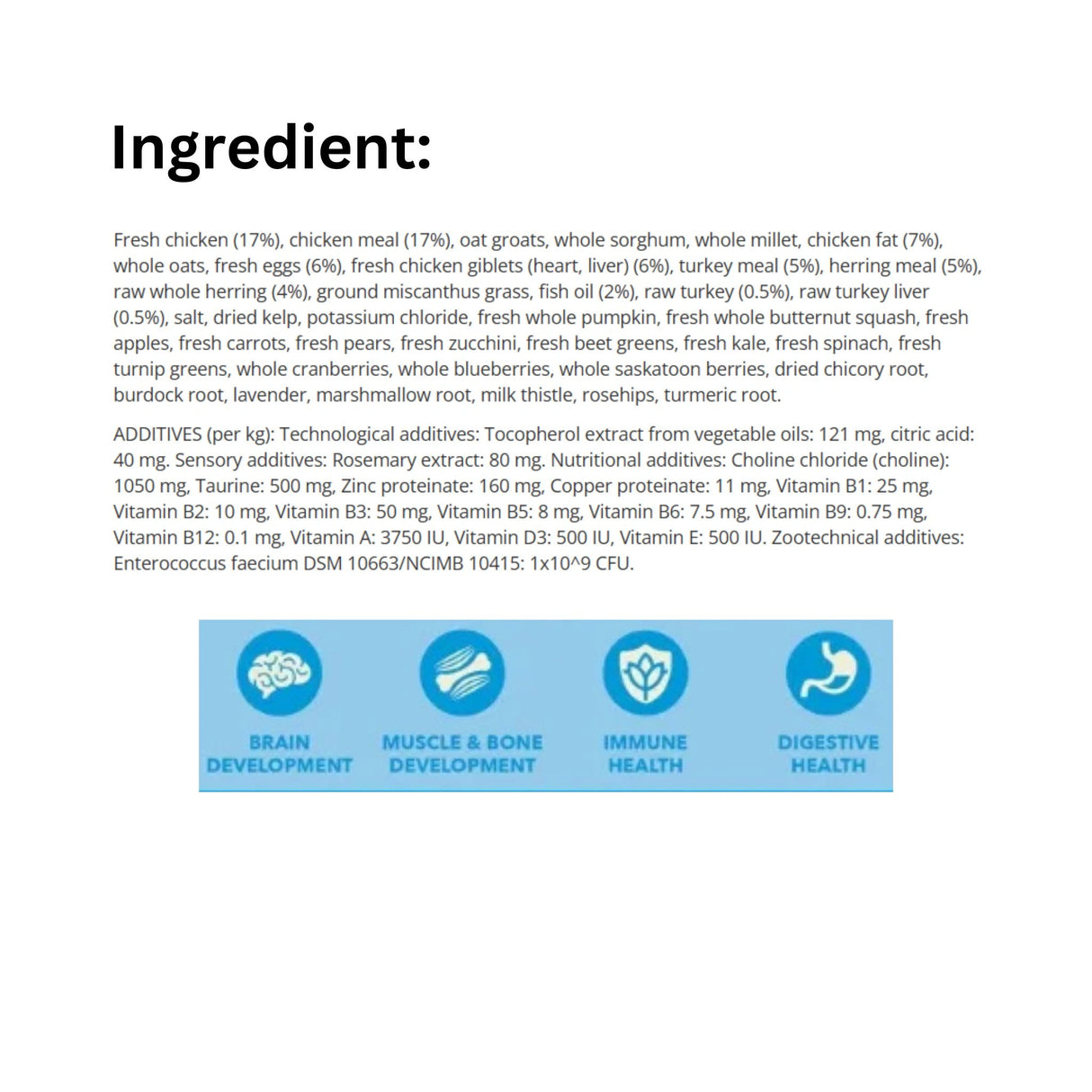 A detailed list of ingredients in acana healthy grains puppy chicken and wild herring dog food with icons