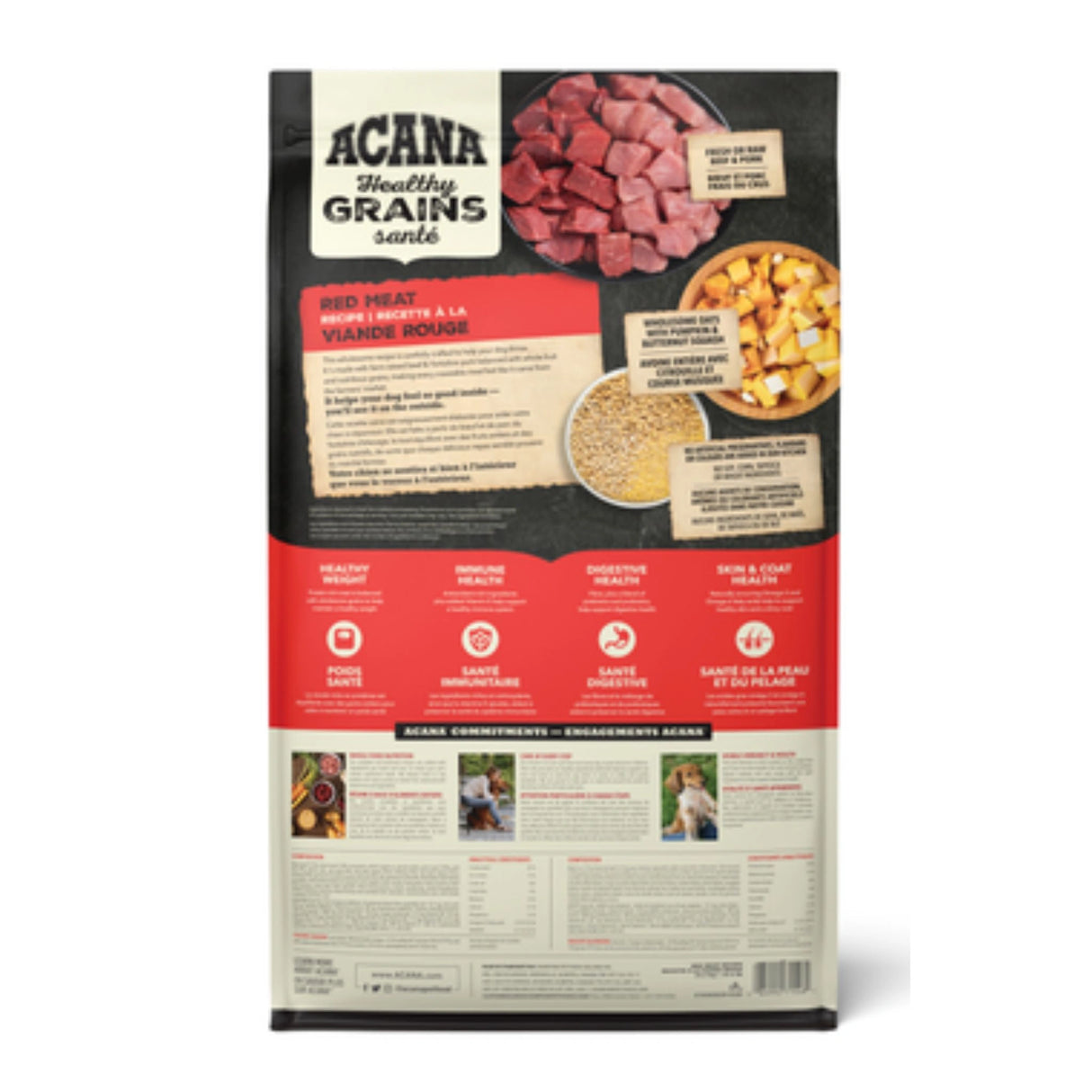 A back view of Acana Healthy Grains Red Meat Recipe Beef and Yorkshire Pork Dog Food on a white background