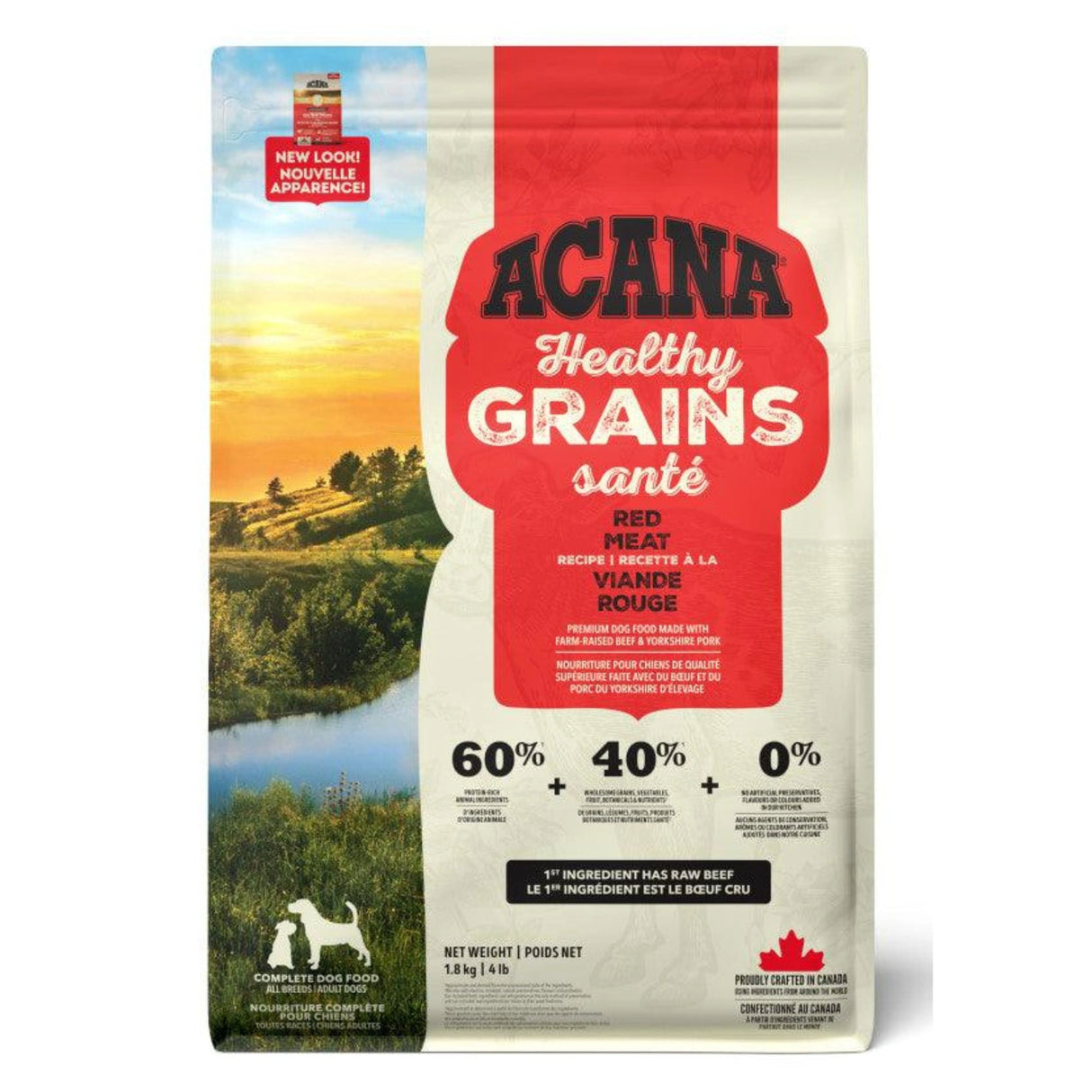 A front view of Acana Healthy Grains Red Meat Recipe Beef and Yorkshire Pork Dog Food on a white background