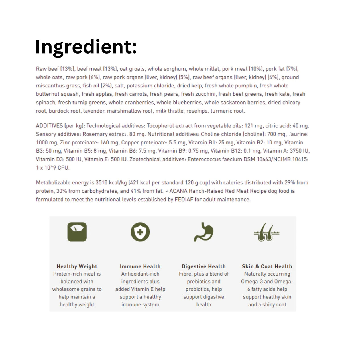 A detailed list of ingredients for Acana Healthy Grains Red Meat Recipe Beef and Yorkshire Pork Dog Food with icons