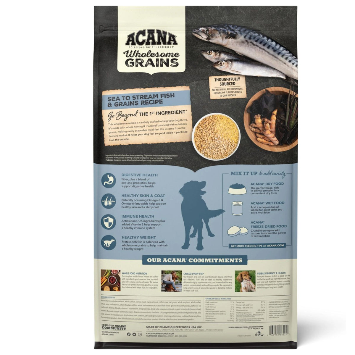 A back view of Acana Healthy Grains Sea to Stream Recipe dry dog food on a white background