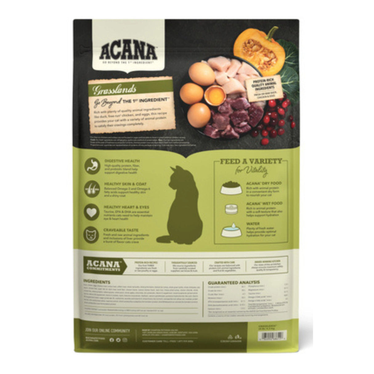 A back view of Acana Highest Protein Grasslands Recipe Duck, Chicken, and Eggs Cat Food on a white background