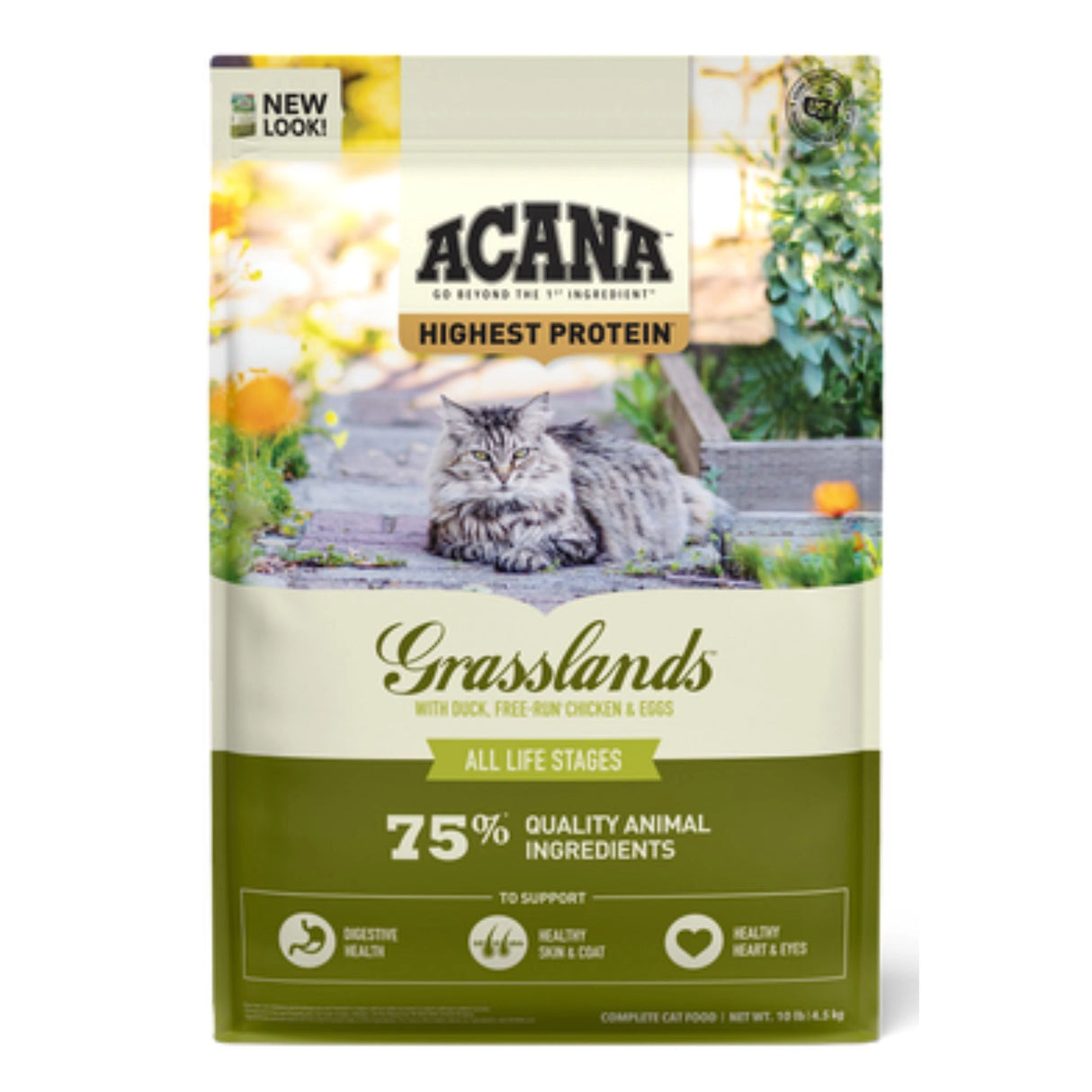 A front view of Acana Highest Protein Grasslands Recipe Duck, Chicken, and Eggs Cat Food on a white background