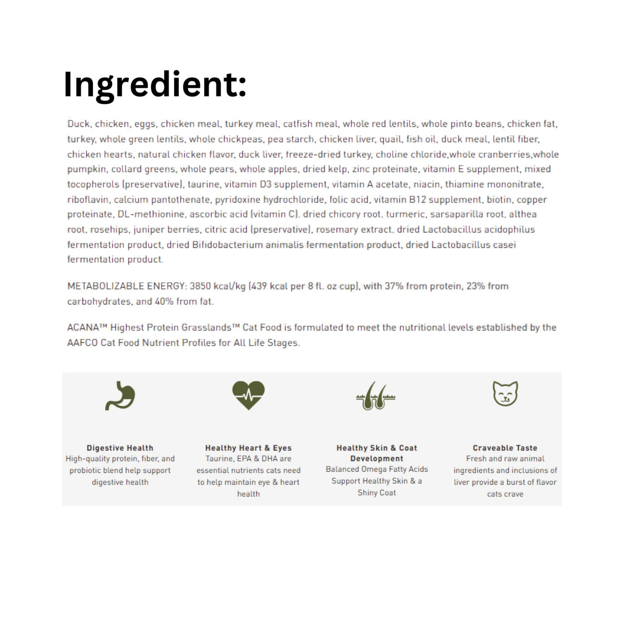 A list of ingredients of Acana Highest Protein Grasslands Recipe Duck, Chicken, and Eggs Cat Food, displayed with icons