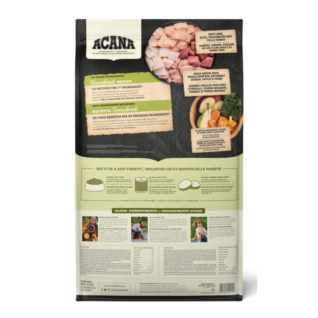 A back view of Acana Highest Protein Grasslands Recipe Lamb, Duck, Eggs, Quail, and Trout Dog Food on a white background