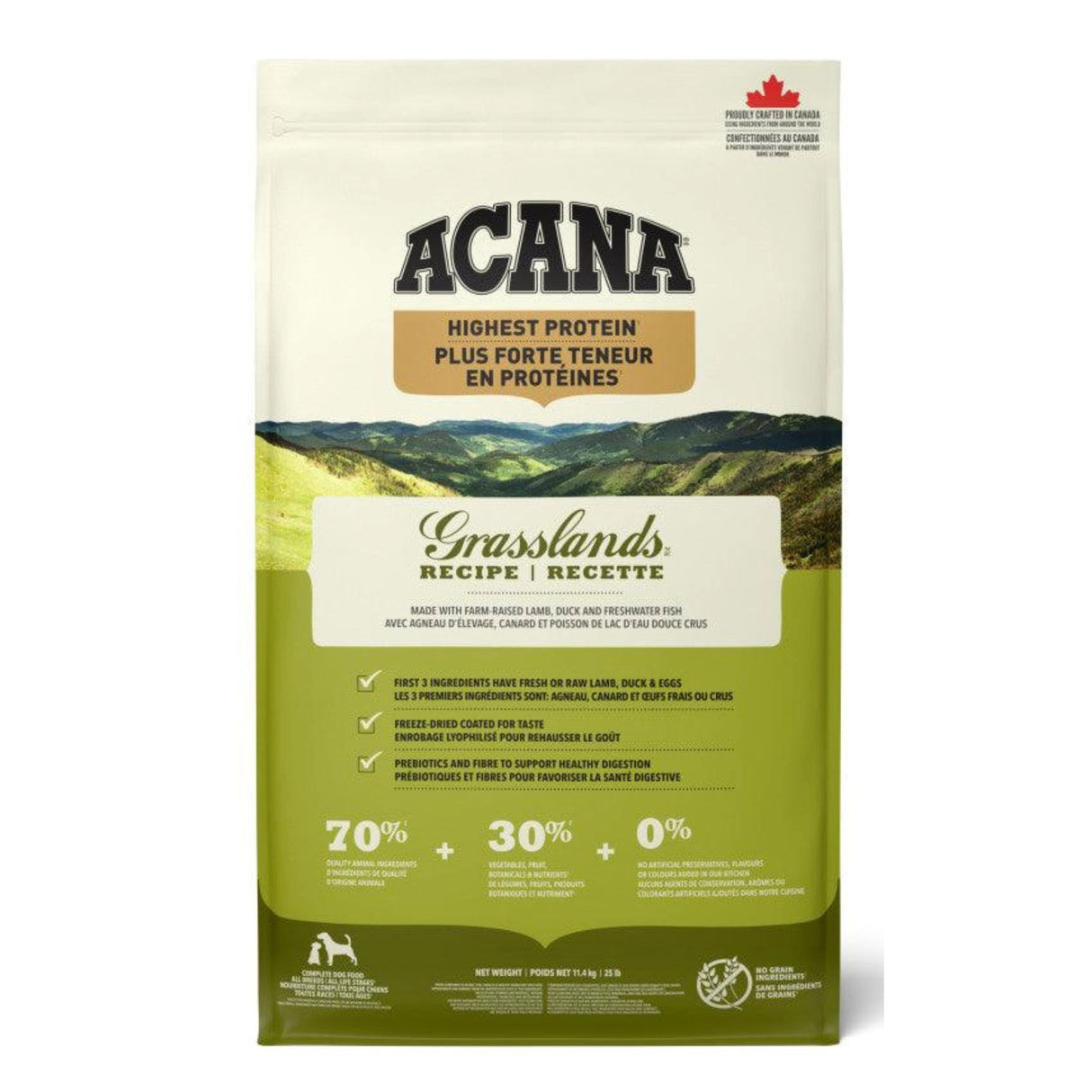 A front view of Acana Highest Protein Grasslands Recipe Lamb, Duck, Eggs, Quail, and Trout Dog Food on a white background