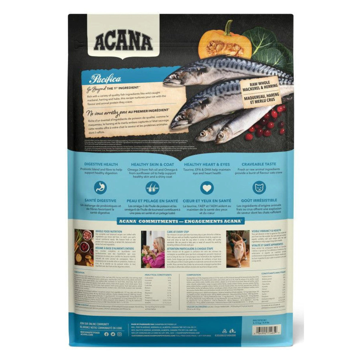 A back view of Acana Highest Protein Pacifica Mackerel, Herring, and Hake Cat Food on a white background