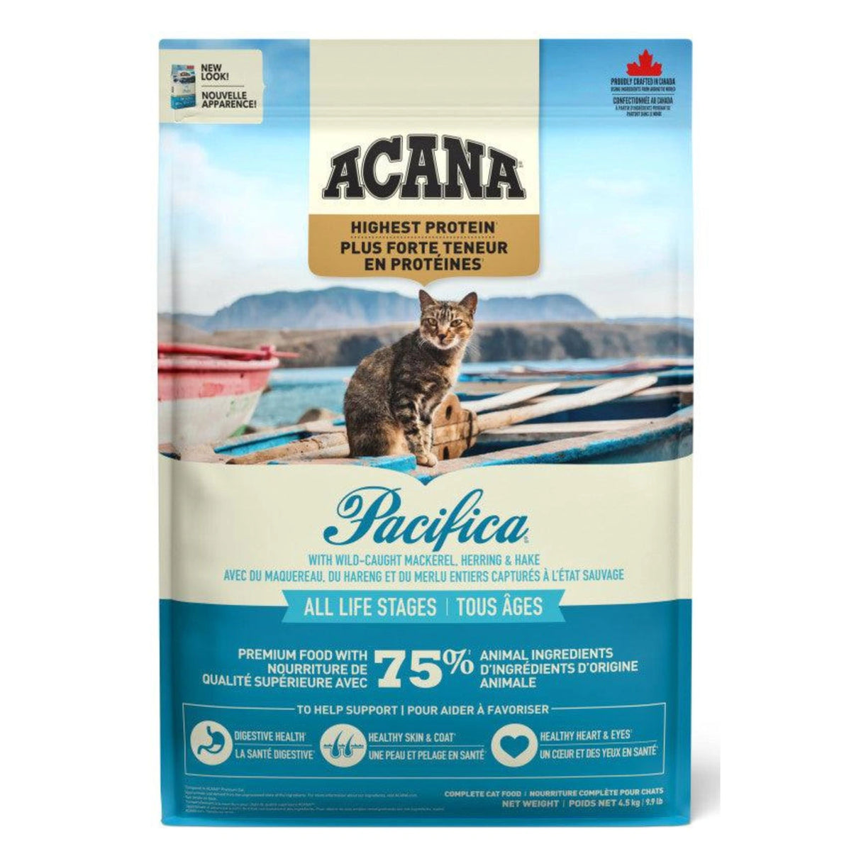 A front view of Acana Highest Protein Pacifica Mackerel, Herring, and Hake Cat Food on a white background