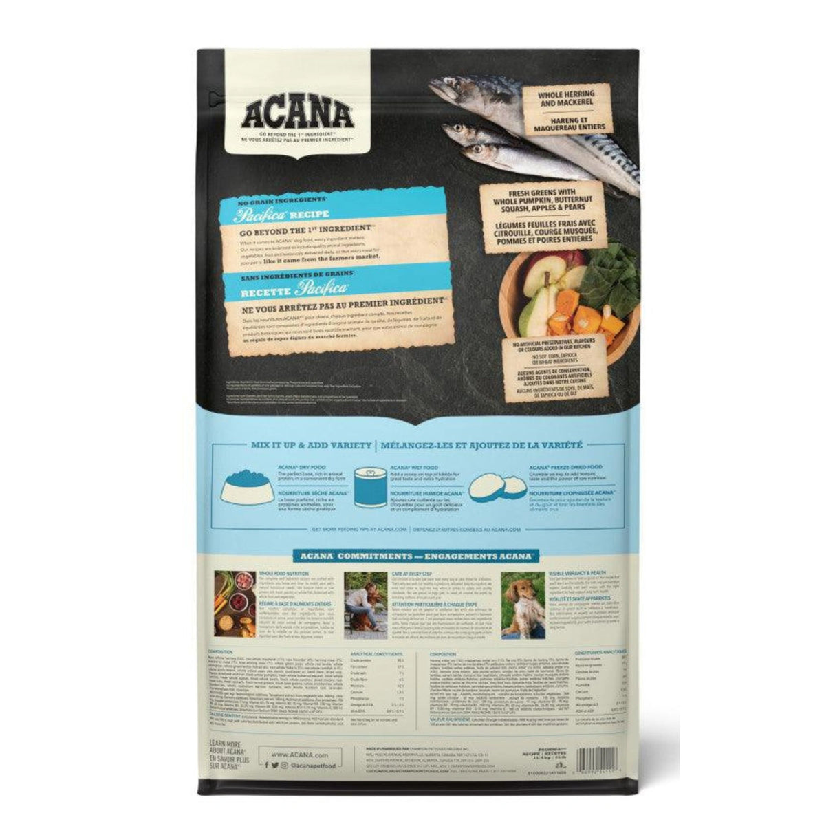 A back view of Acana Highest Protein Pacifica Recipe Herring, Mackerel, Flounder, Hake & Roundfish Dog Food on a white background