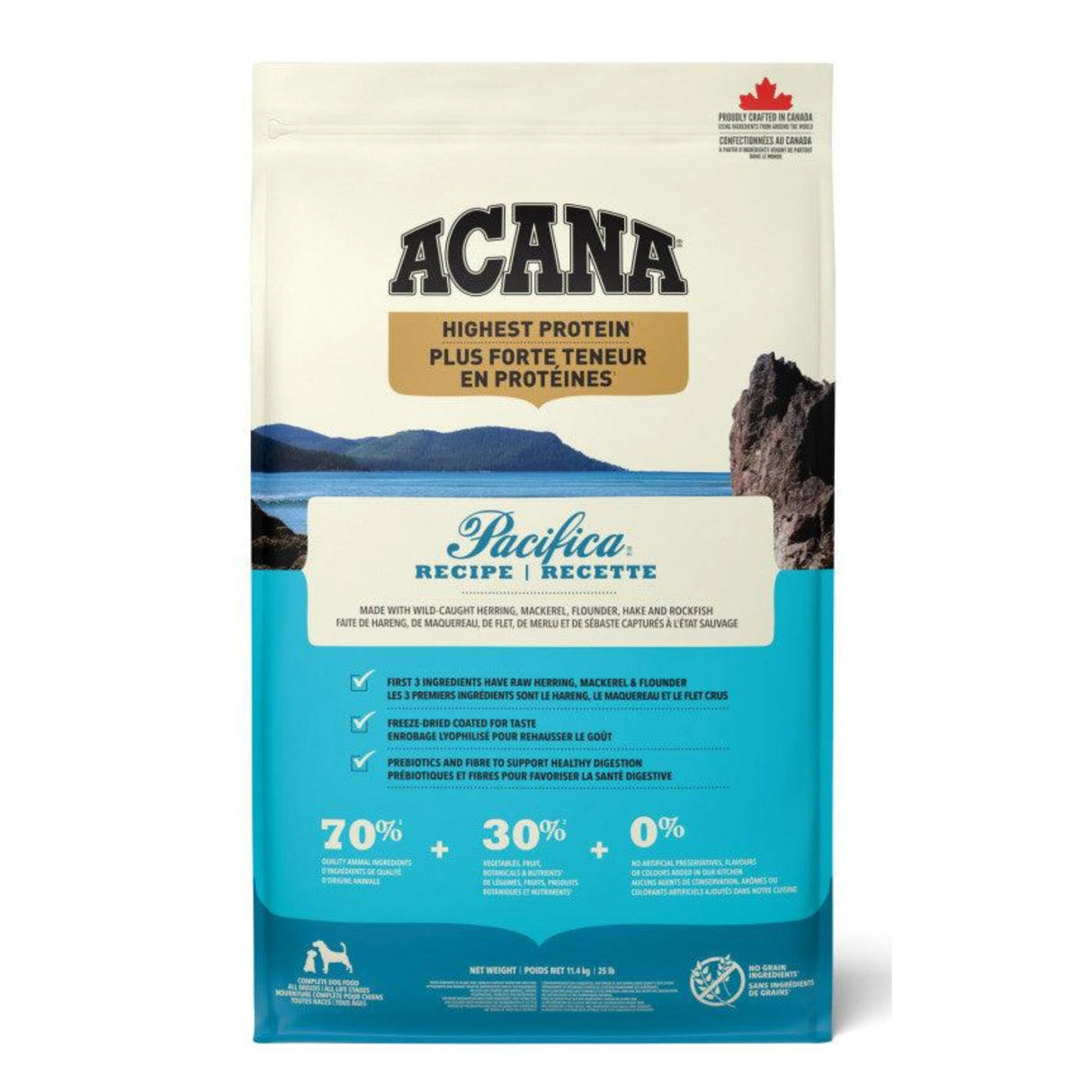 A front view of Acana Highest Protein Pacifica Recipe Herring, Mackerel, Flounder, Hake & Roundfish Dog Food on a white background