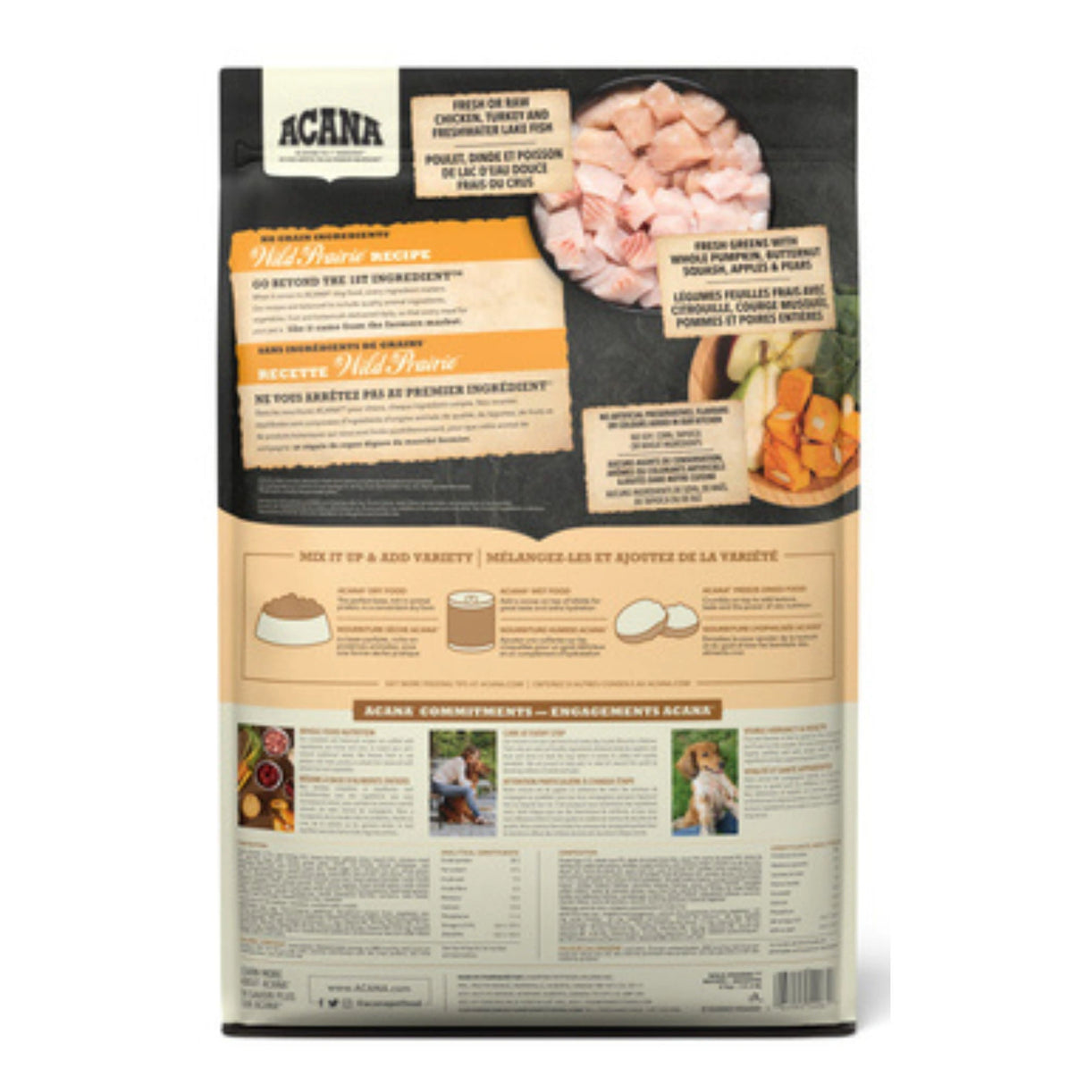 A back view of Acana Highest Protein, Wild Prairie Chicken, Turkey, and Fish Dog Food on a white background