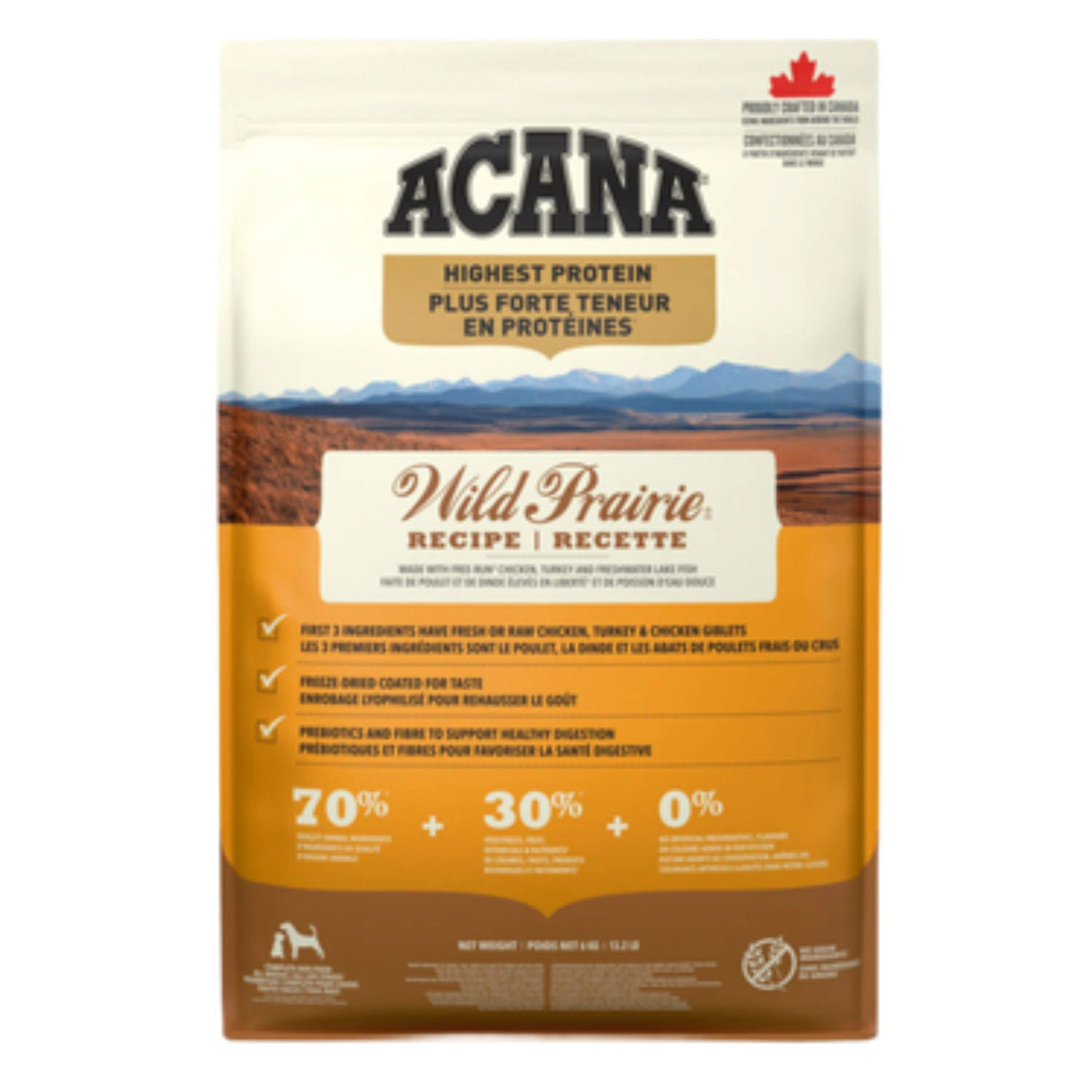 A front view of Acana Highest Protein, Wild Prairie Chicken, Turkey, and Fish Dog Food on a white background