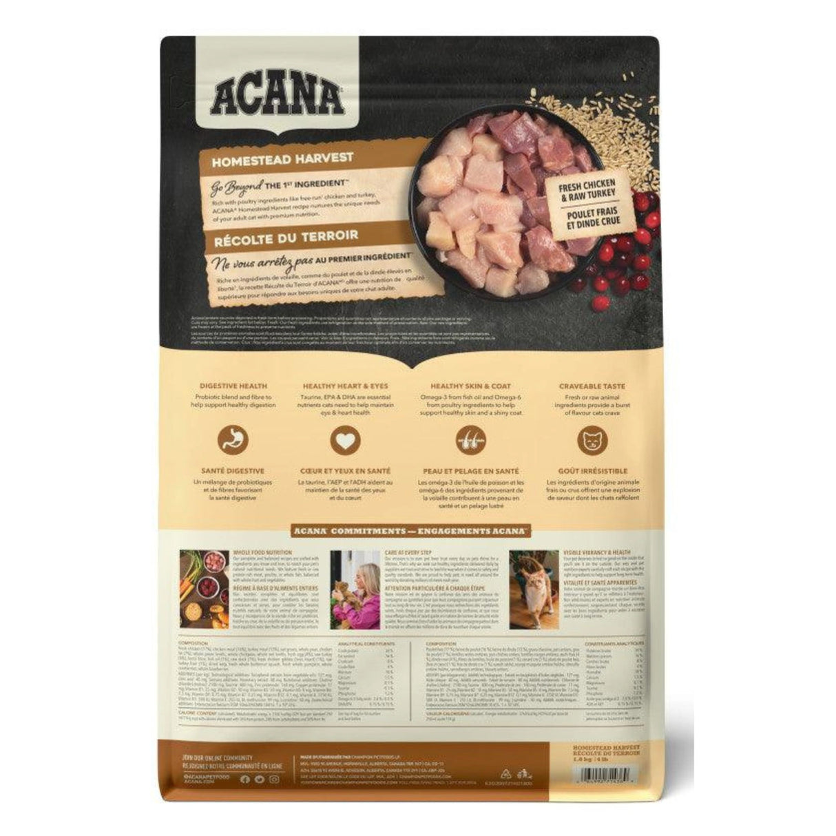 A back view of Acana Homestead Harvest Chicken and Turkey Cat Food on a white background