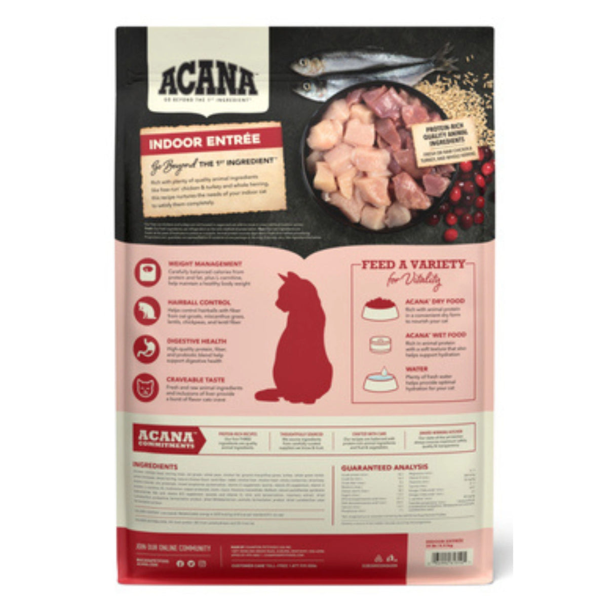 A back view of Acana Indoor Entrée Recipe Poultry and Fish Cat Food on a white background