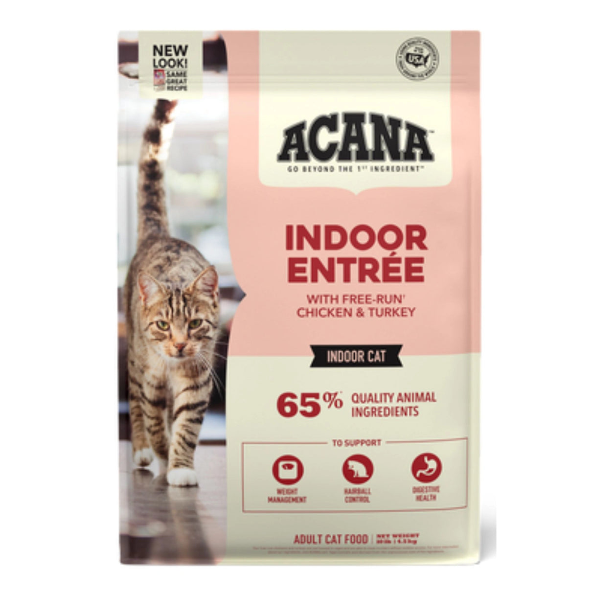 A front view of Acana Indoor Entrée Recipe Poultry and Fish Cat Food on a white background