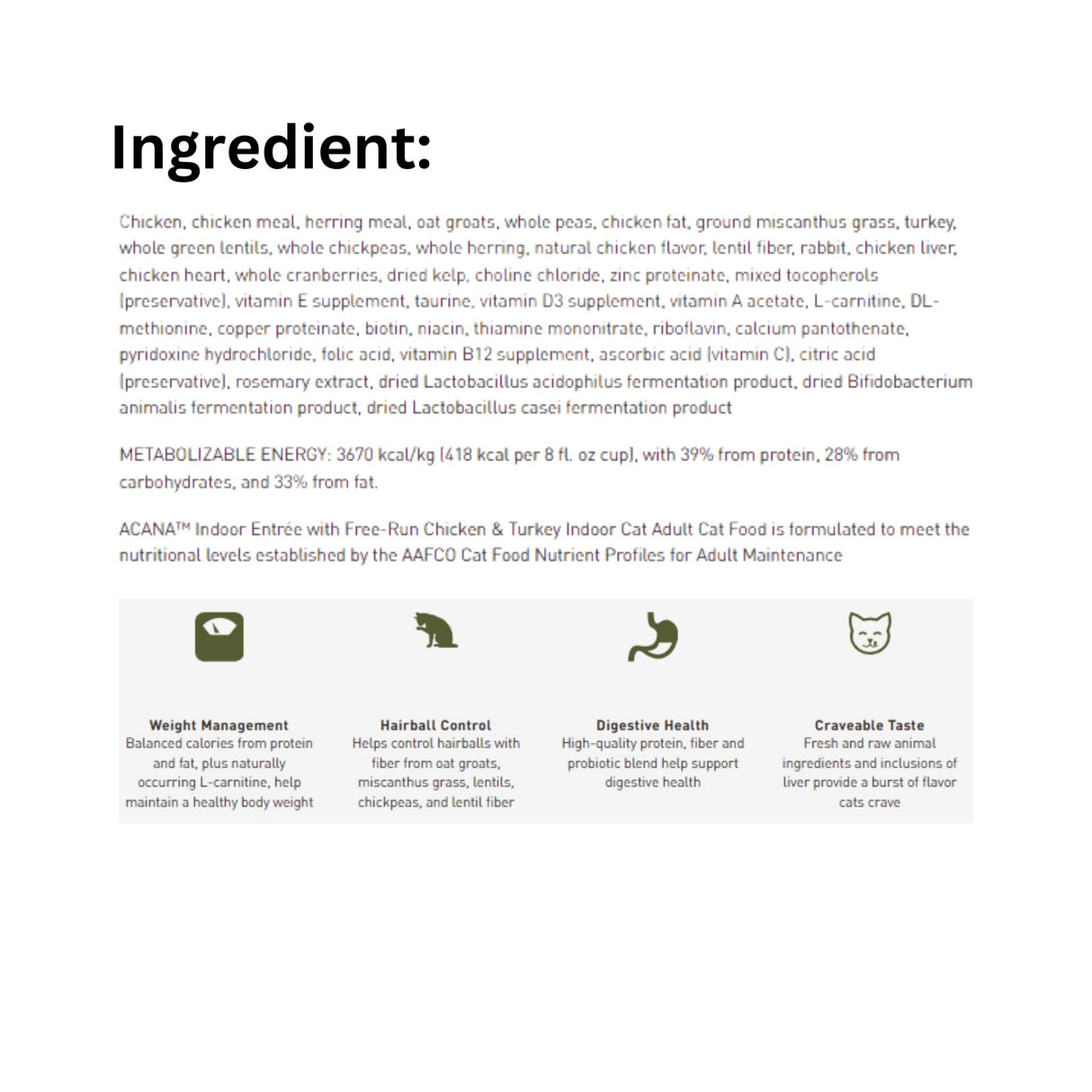 A list of ingredients in Acana Indoor Entrée Recipe Poultry and Fish Cat Food, displayed with icons