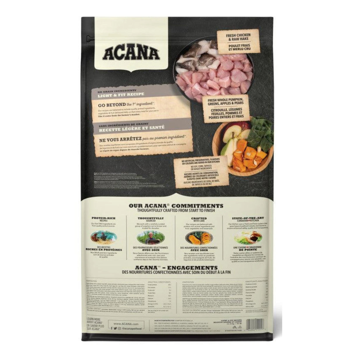 A back view of Acana Light and Fit Recipe Chicken and Raw Hake Dog Food on a white background