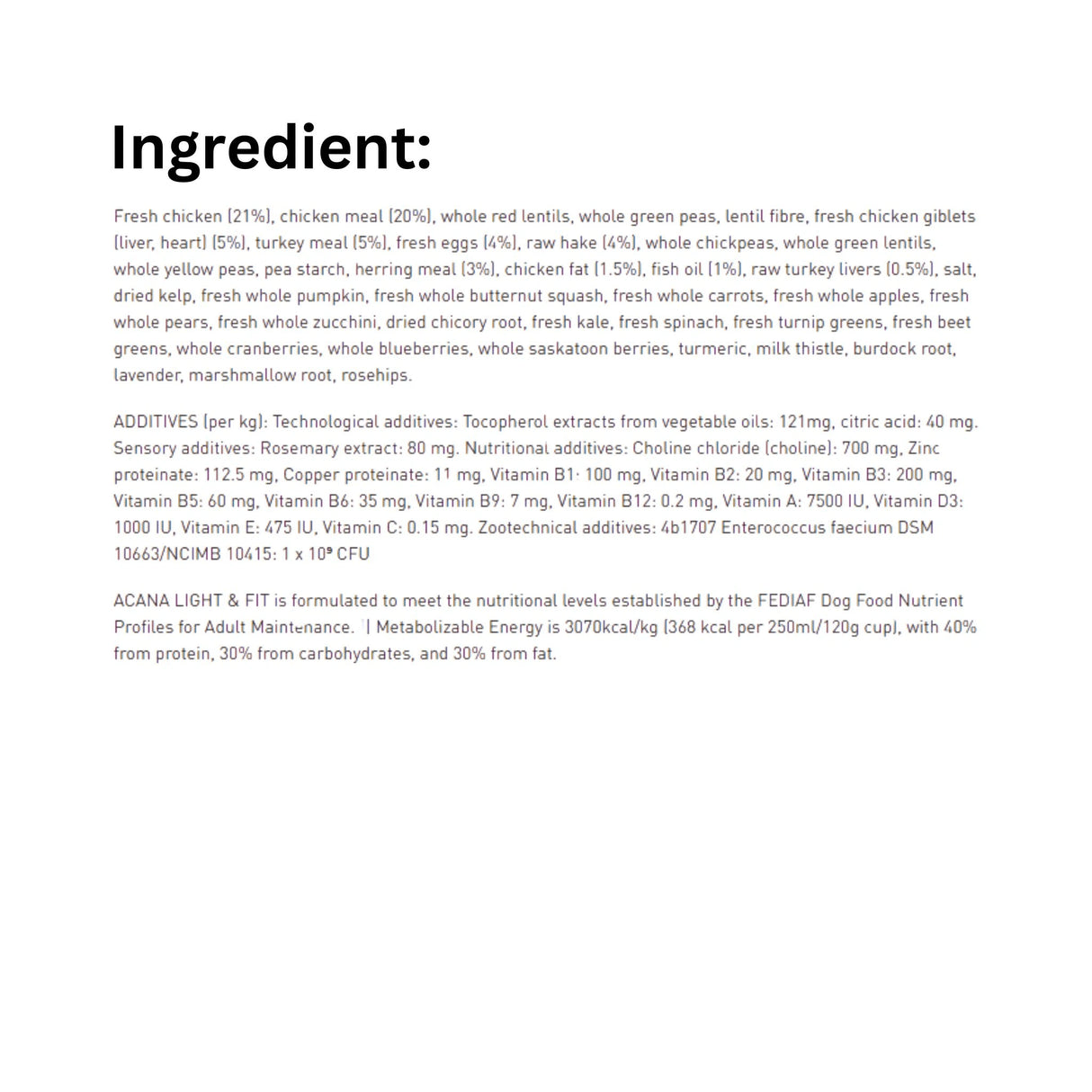 List of ingredients in Acana Light and Fit Recipe Chicken and Raw Hake Dog Food