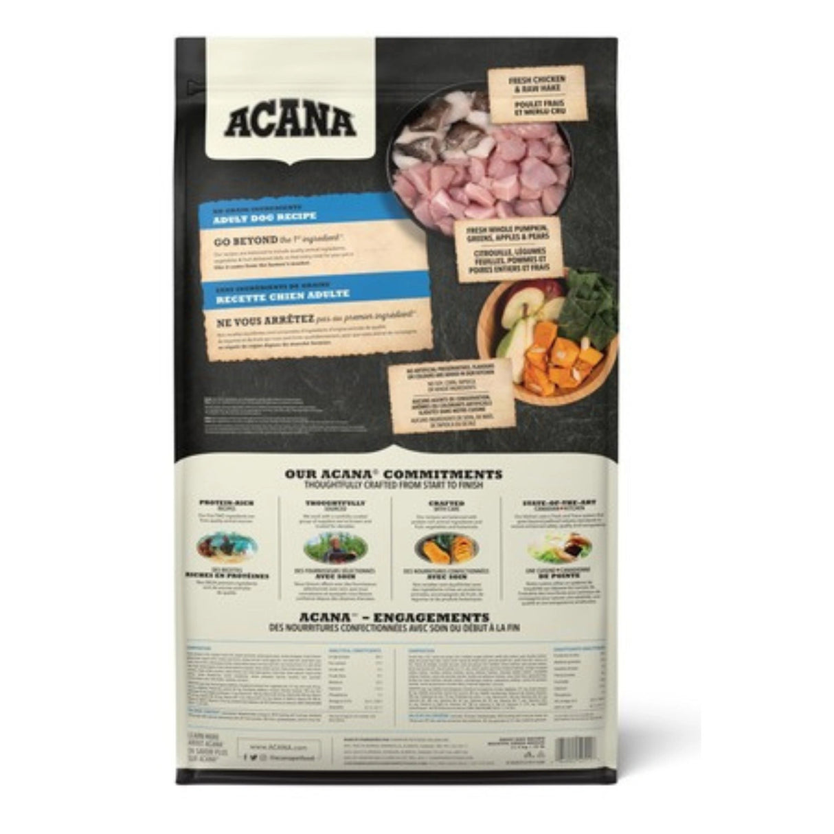 A back view of Acana No Grain Ingredients Adult Dog Food Recipe on a white background