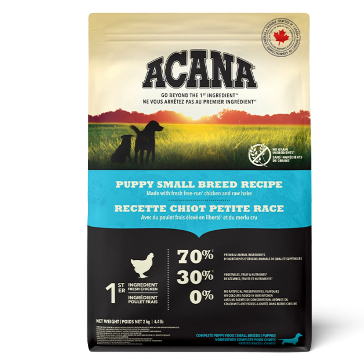 Front view of Acana Puppy Small Breed Chicken Dry Dog Food 2kg on a white background