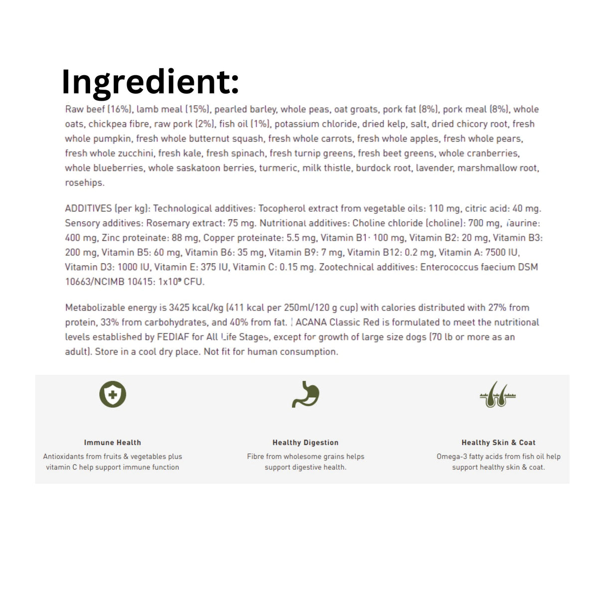 Ingredients list of Acana Classic Red Meat Dry Dog Food with icons