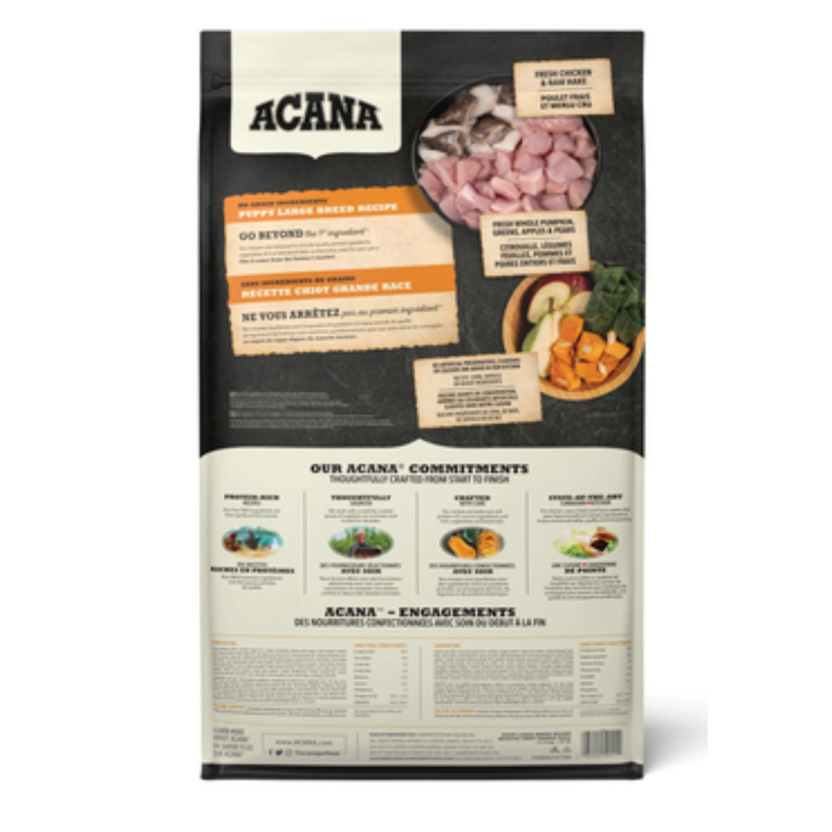 A back view of Acana Puppy Large Breed Recipe Chicken and Raw Hake Dog Food on a white background