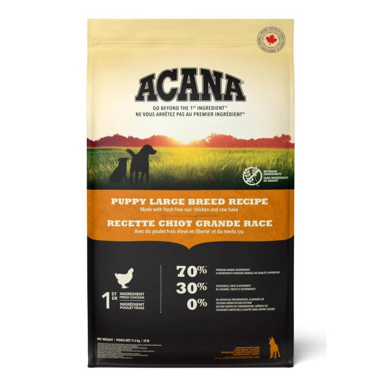 A front view of Acana Puppy Large Breed Recipe Chicken and Raw Hake Dog Food on a white background