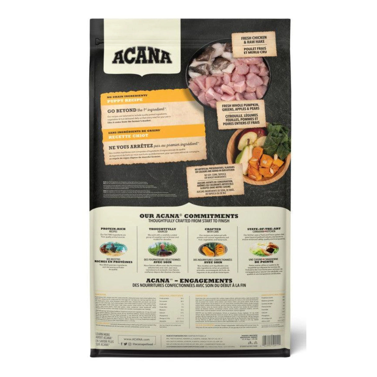 A back view of Acana Puppy Recipe Chicken and Raw Hake Dog Food on a white background