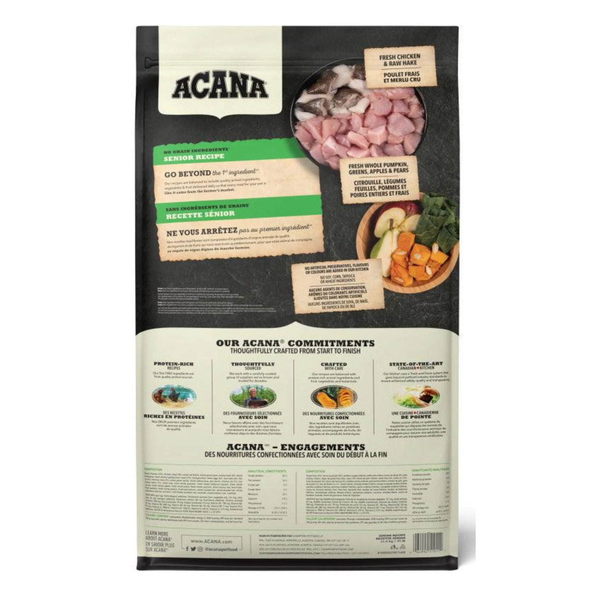 A back view of Acana Senior Recipe Chicken Dog Food on a white background