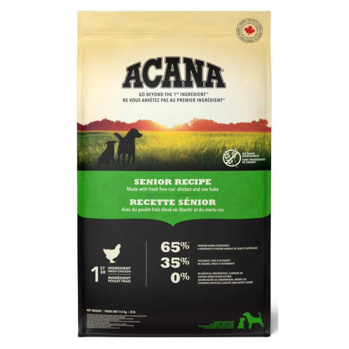 A front view of Acana Senior Recipe Chicken Dog Food on a white background