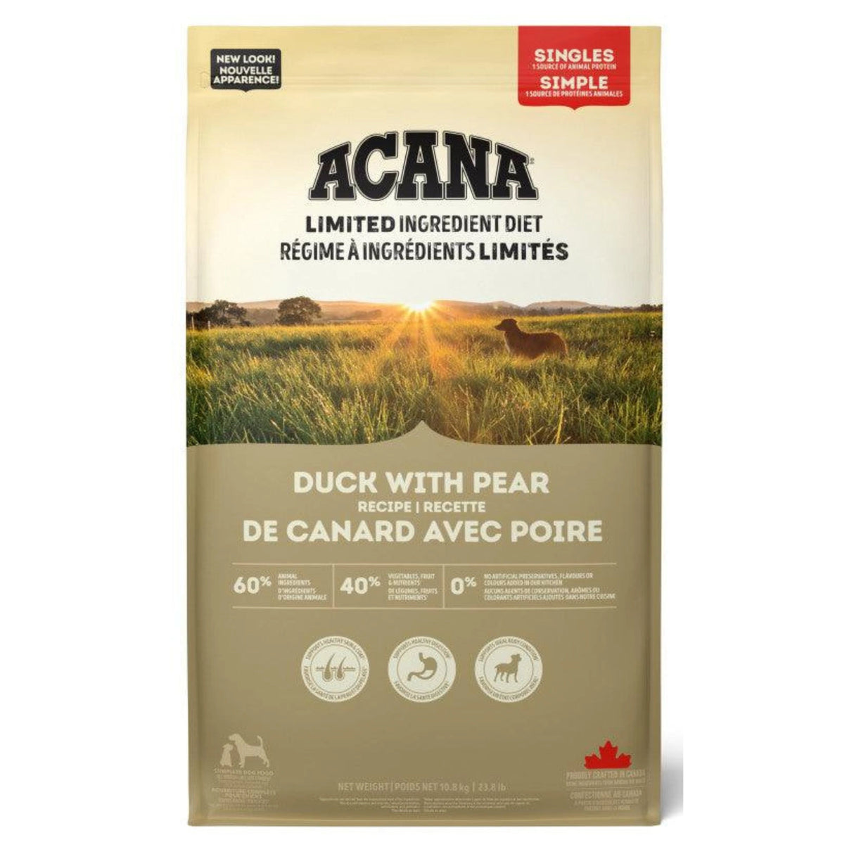 A front view of Acana Singles Limited Ingredient Diet Duck with Pear Recipe Dog Food on a white background