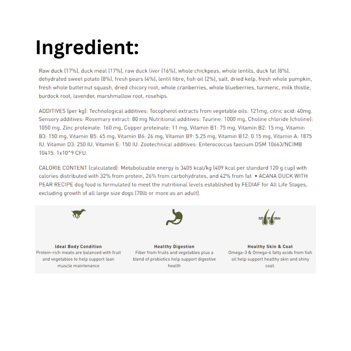 A list of ingredients in Acana Singles Limited Ingredient Diet Duck with Pear Recipe Dog Food, presented with icons